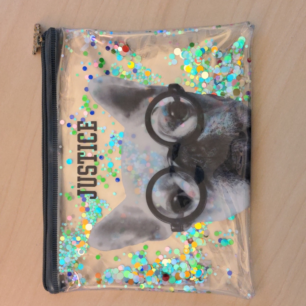 Justice French Bulldog Makeup Bag, with Multi-Color Glitter Confetti Accents